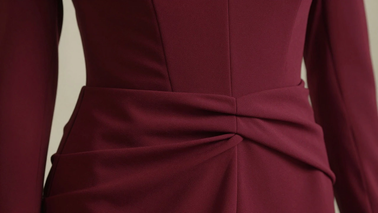 Close-up of burgundy dress detailing ruching and vertical seams