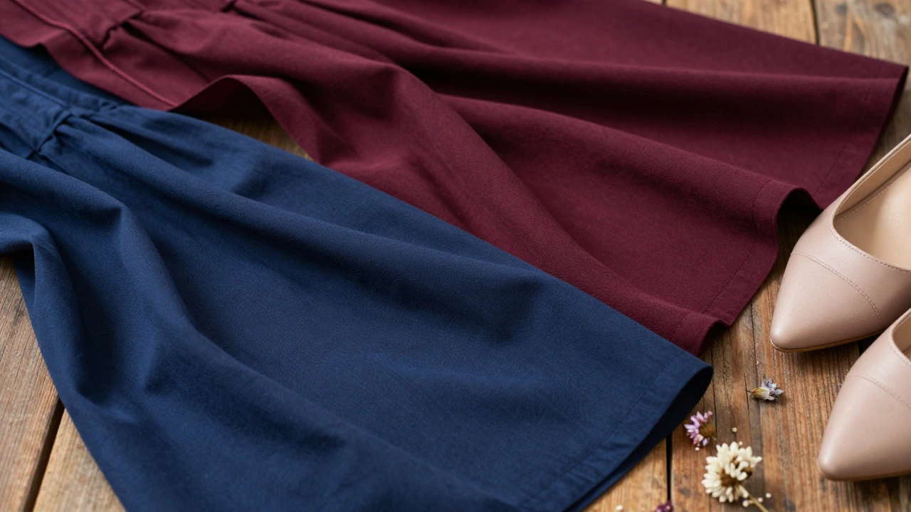 Close-up of navy cotton poplin and burgundy rayon fabric swatches