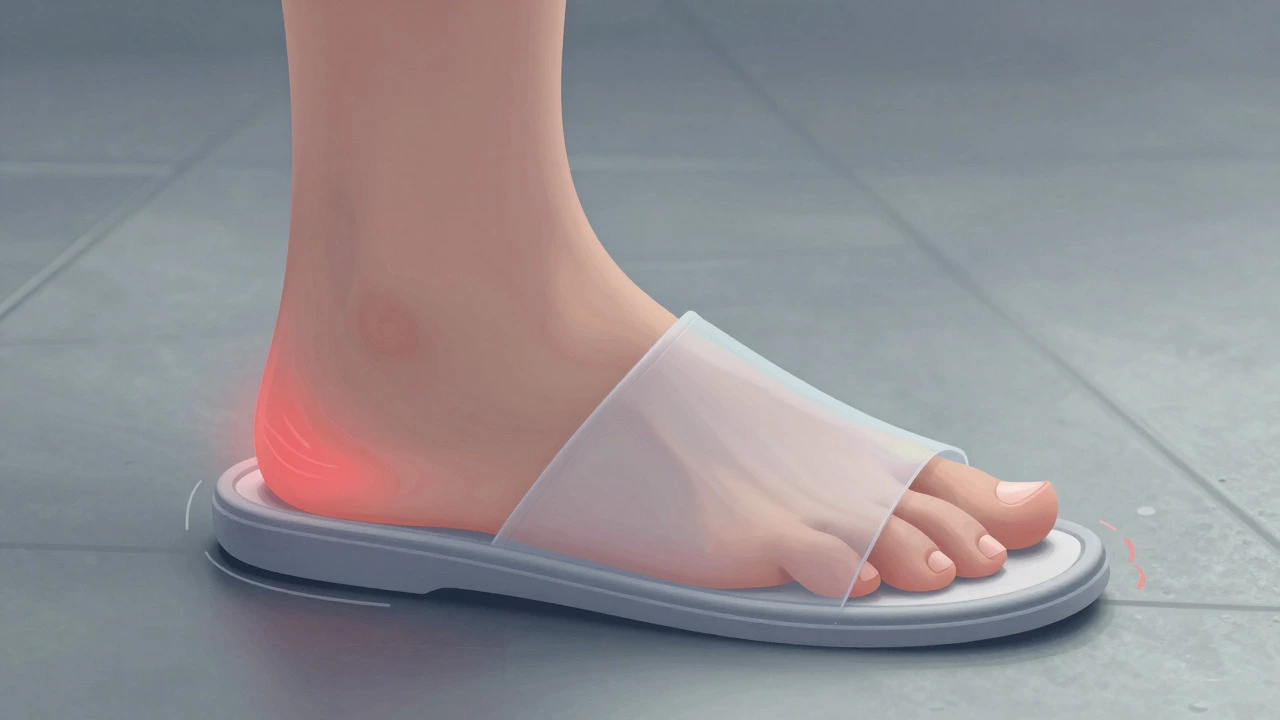 Illustration of a foot gripping the sole inside an oversized loose slipper