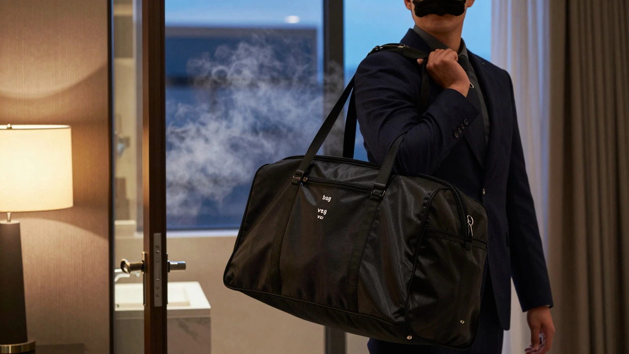 Man unzipping garment bag revealing folded suit in hotel