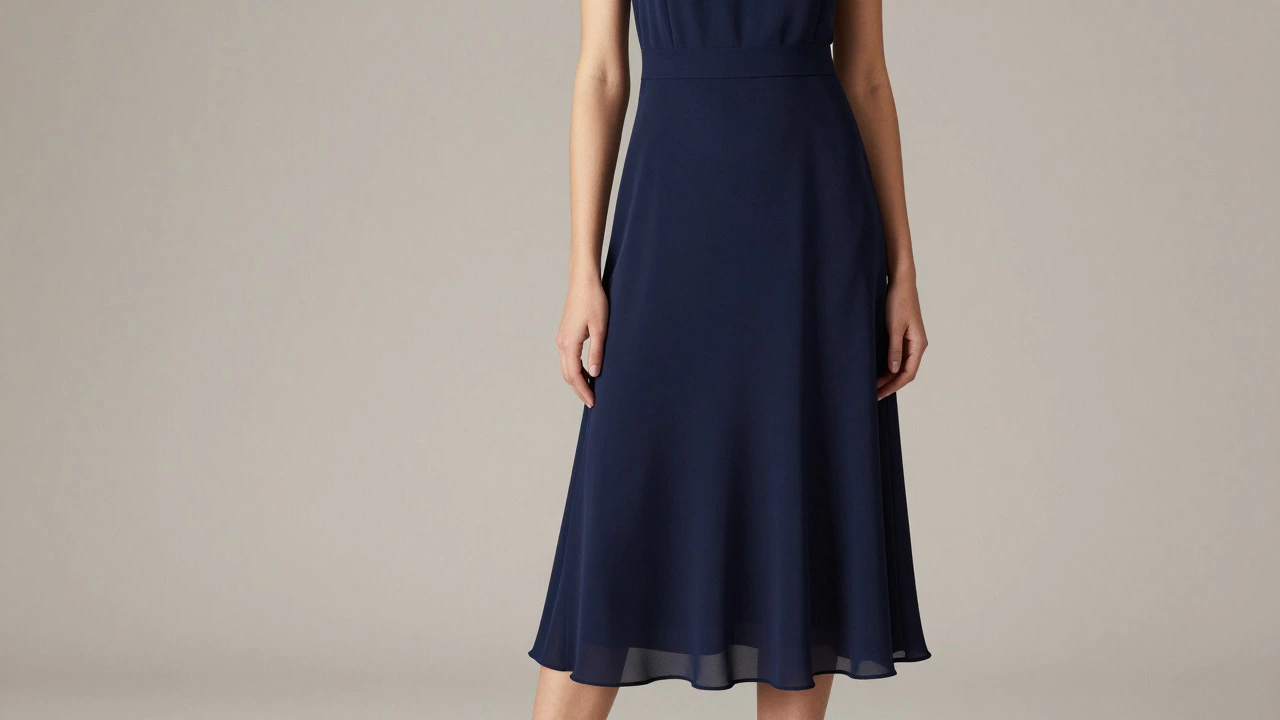 Model wearing navy blue A-line empire waist dress in studio setting