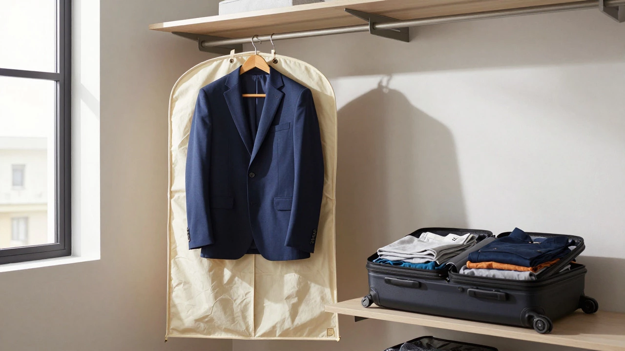 Navy suit hanging in breathable bag next to packed suitcase