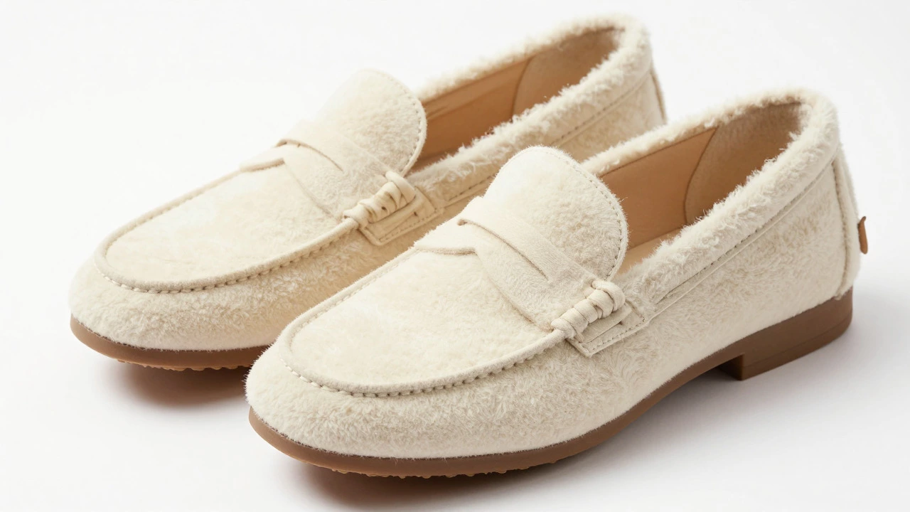 Soft cream sheepskin loafers close-up