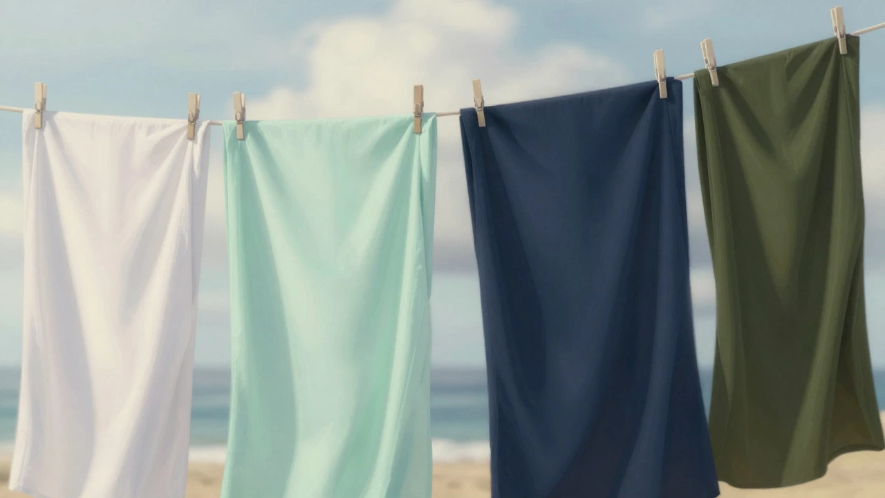 White and dark colored dresses hanging on a line against sky