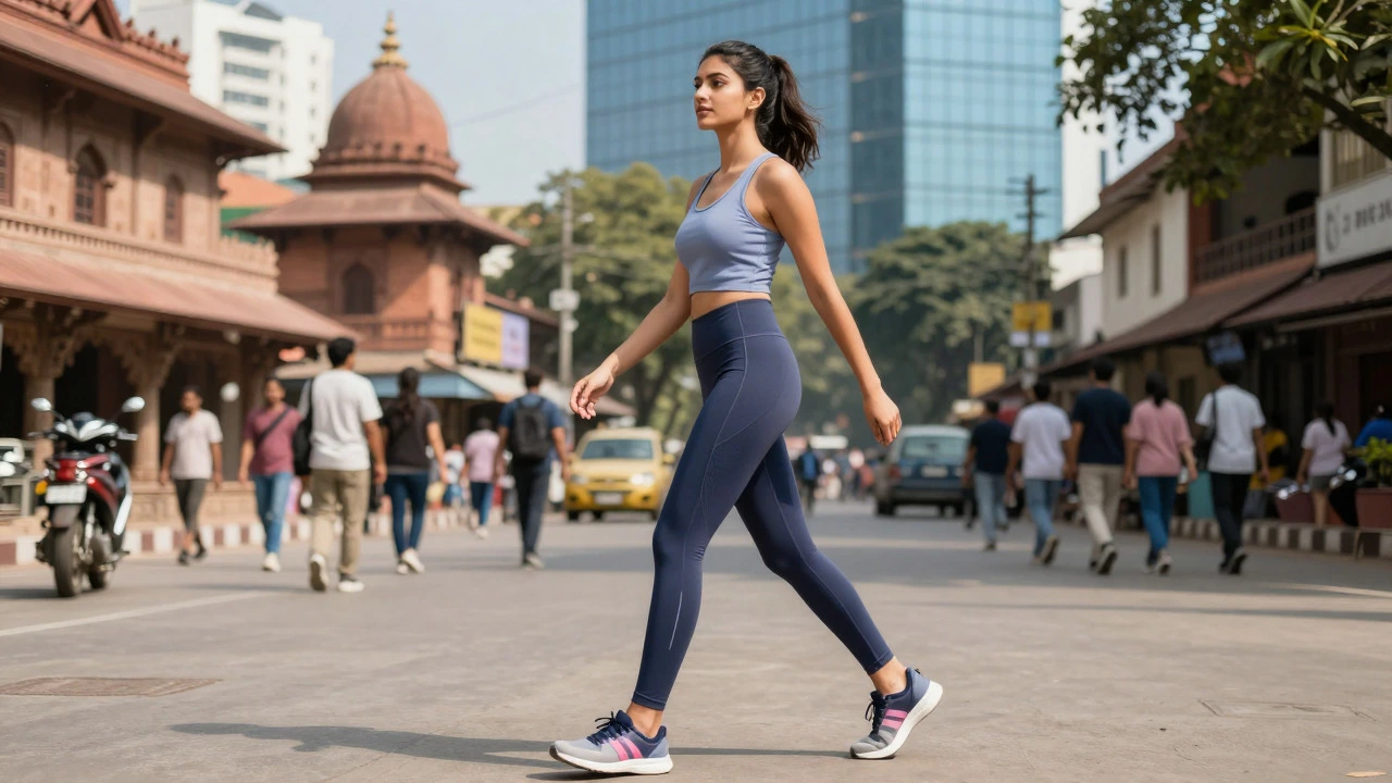 Woman in modern athleisure walking through a busy city street in India