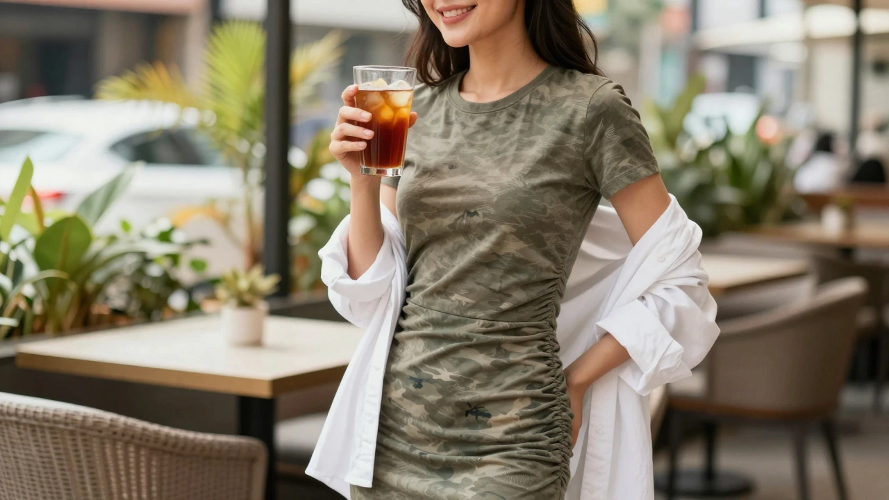 Woman in ruched jersey dress with tied shirt at outdoor cafe