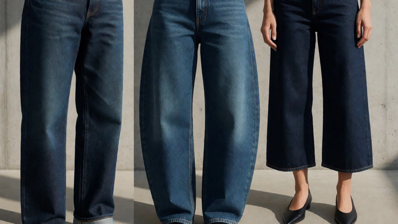 Close-up comparison of straight-leg, barrel-leg, and cropped wide-leg denim fits.