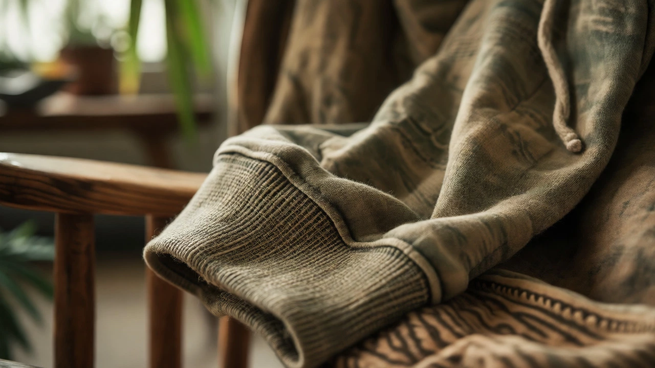 Close-up of textured hemp blend hoodie fabric in earth tones