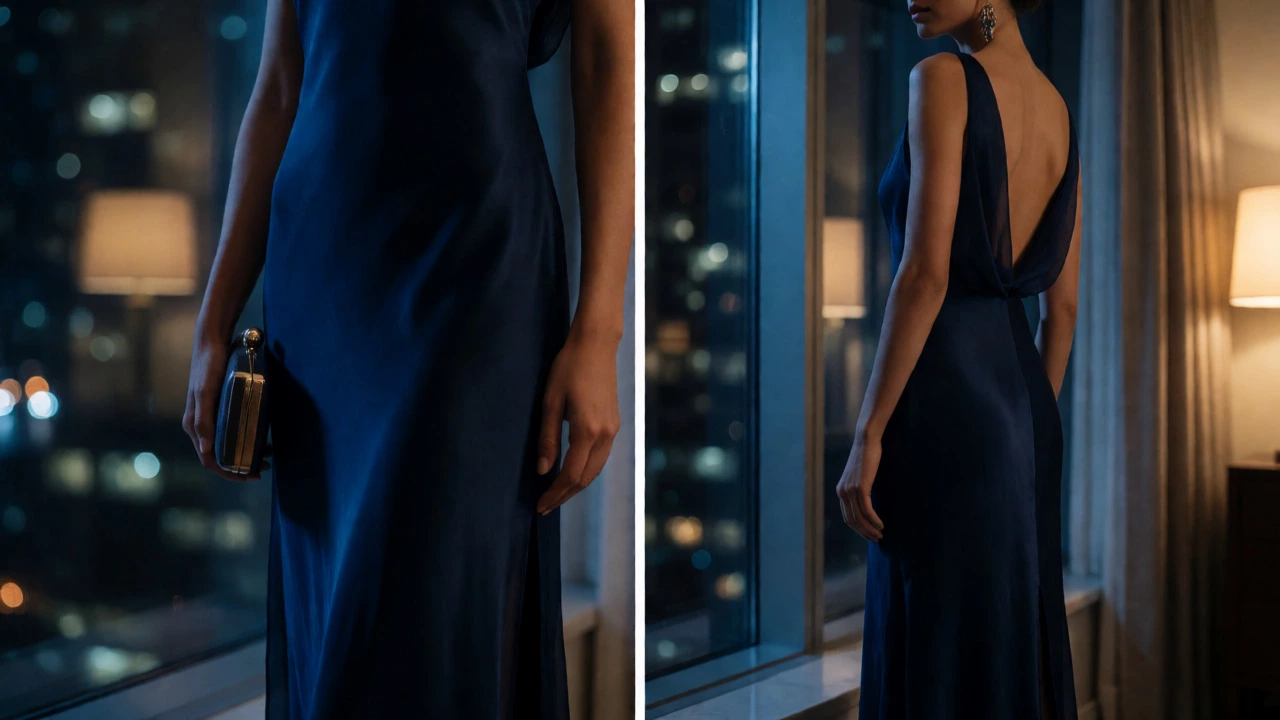 Close-up of woman in midnight blue silk chiffon gown with open back at night