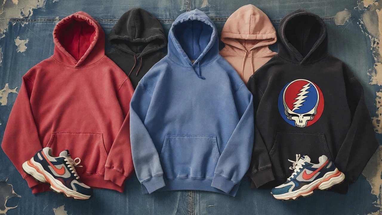 Flat lay of vintage-washed hoodies with faded colors and retro style