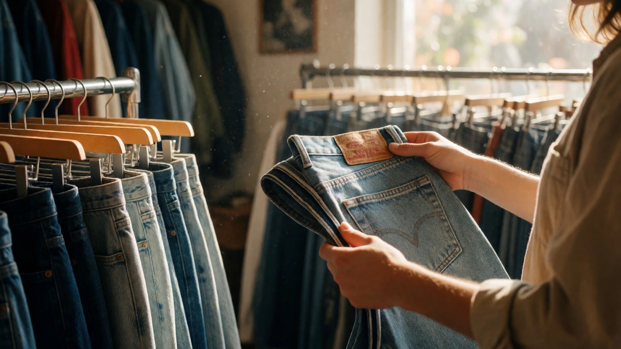 Hands inspecting vintage selvedge jeans in a sustainable secondhand shop.