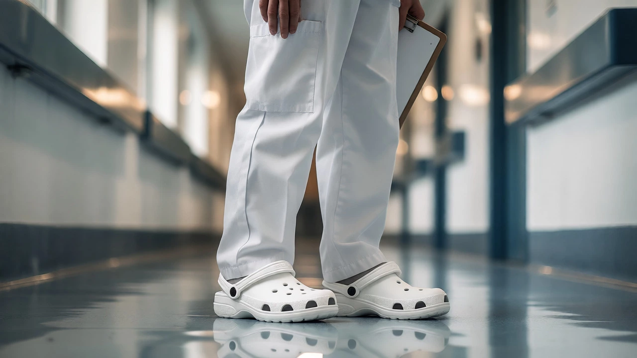 Healthcare worker in white scrubs wearing clean white Crocs in a hospital