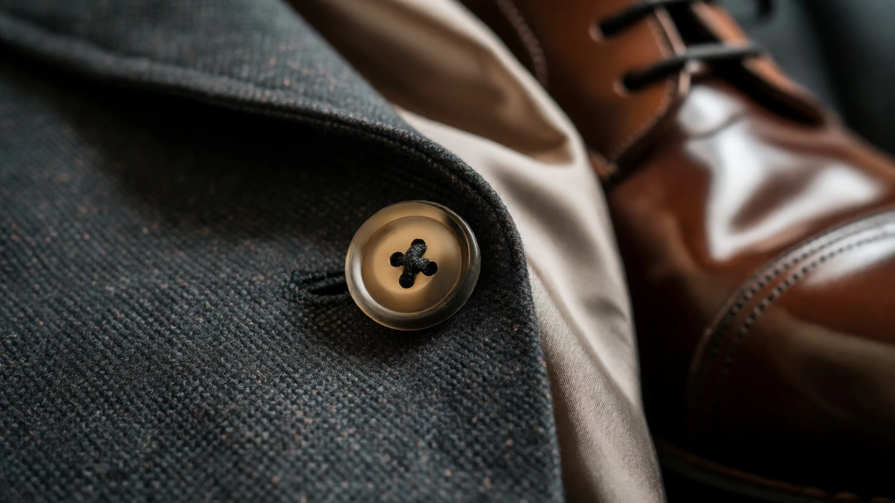 Macro shot of high-quality suit details including horn buttons and smooth canvas lapel