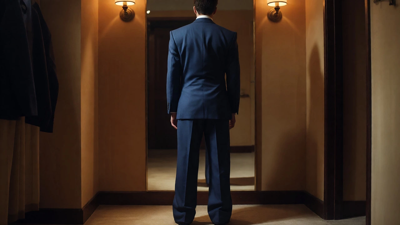 Man in ill-fitting navy suit with sloping shoulders and baggy pants looking in a mirror
