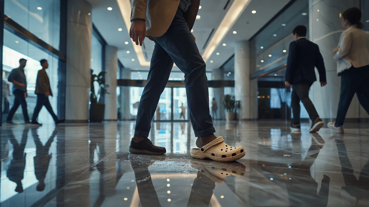 Person slipping on wet marble floor as a beige Croc slides off their heel