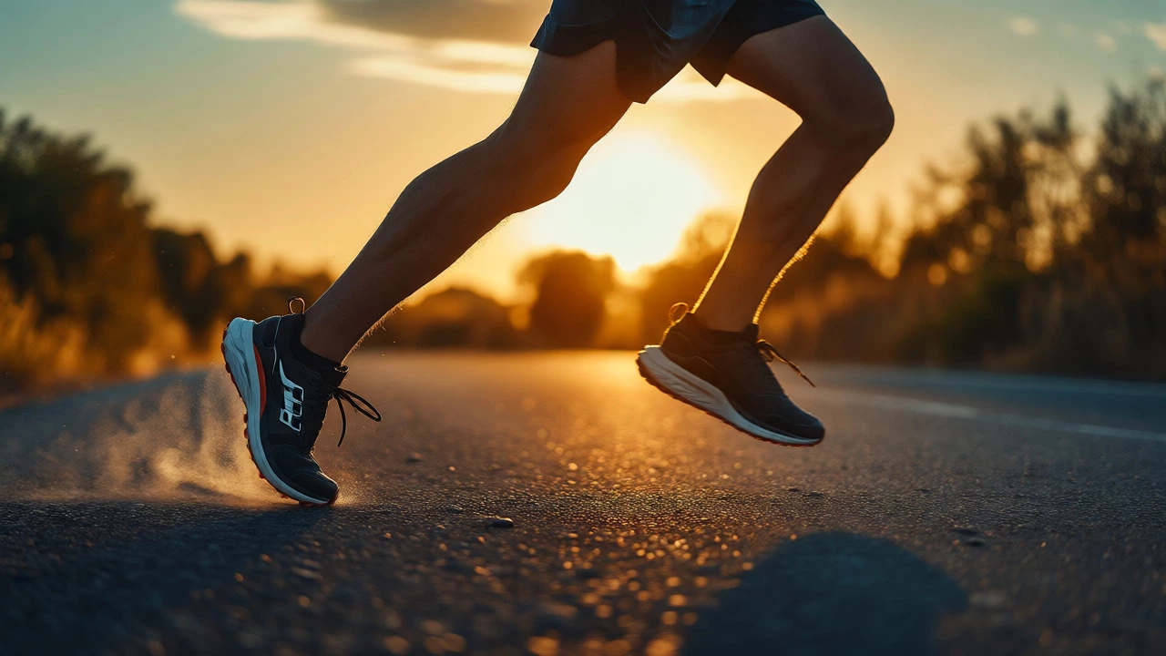 Runner in mid-stride demonstrating a rear-foot strike with high-drop shoes