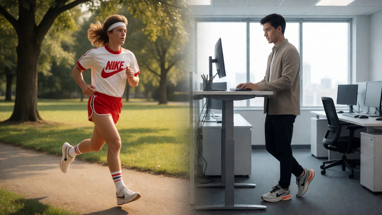 Split image contrasting 1980s joggers with modern professionals wearing sneakers in offices.