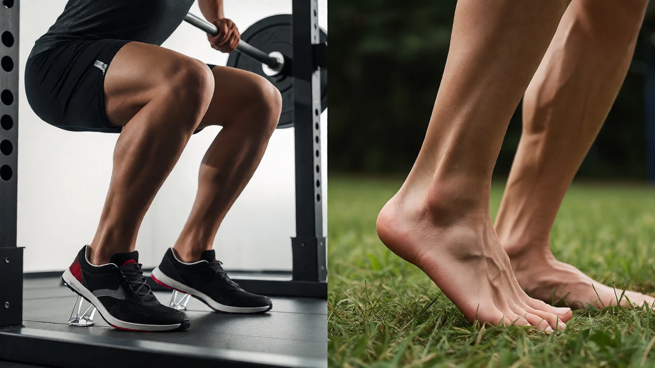 Split view comparing weightlifting heels against minimalist barefoot running