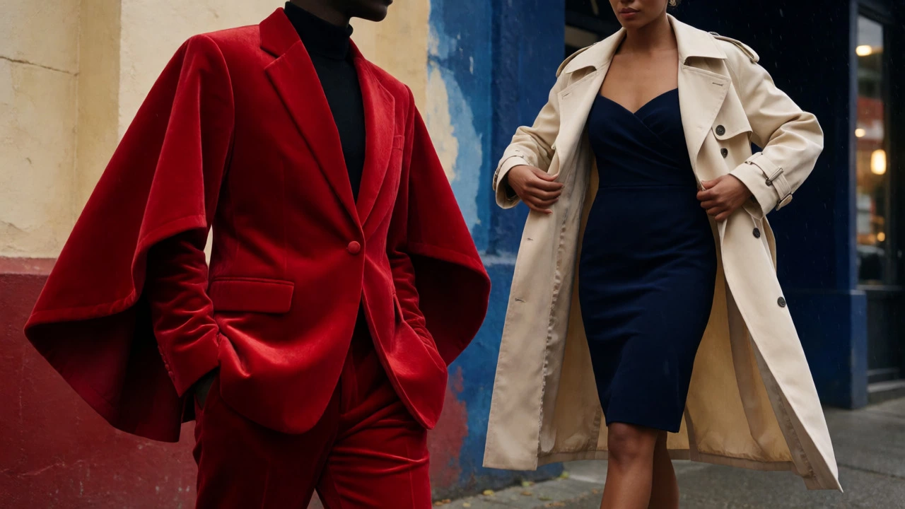 Stylish figures in creative formal wear transitioning from day to evening