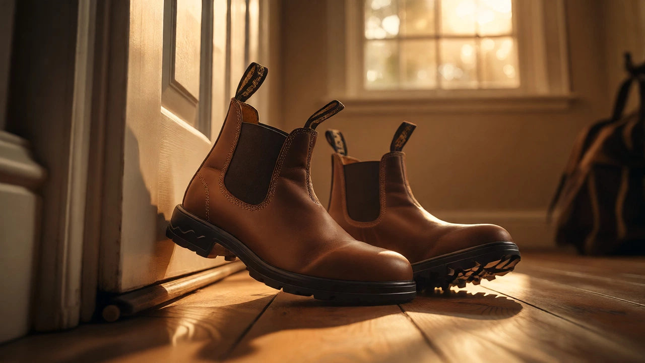 Brown Blundstone Chelsea boots on a wooden floor in warm sunlight