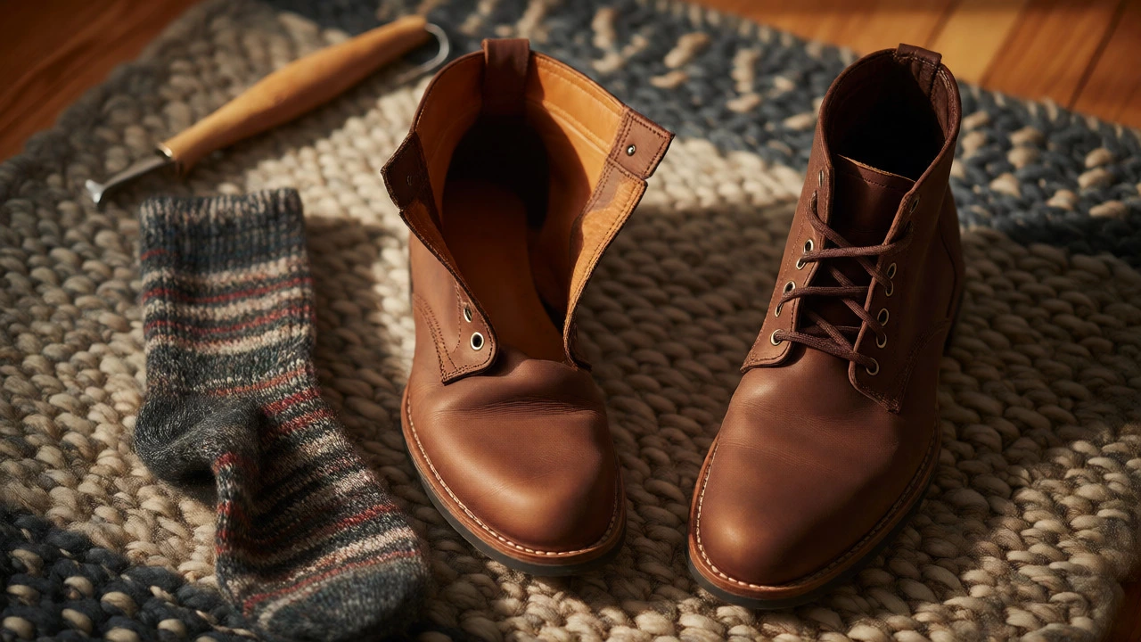 Brown leather boots with a shoe stretcher and wool sock on a rug
