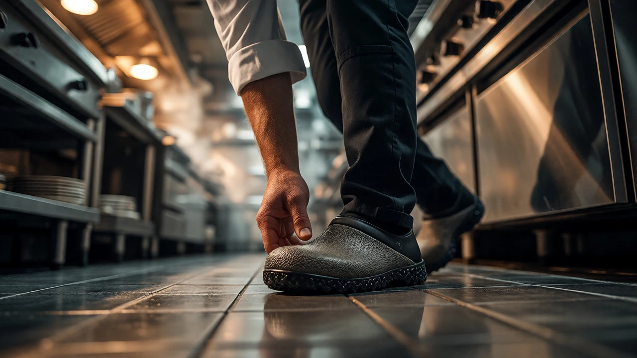 Chef wearing non-slip clogs on a wet commercial kitchen tile floor.
