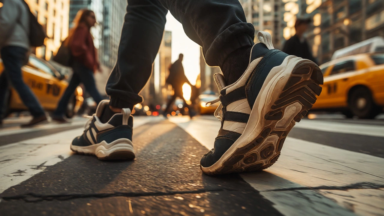 Close-up of sneakers walking quietly on city pavement