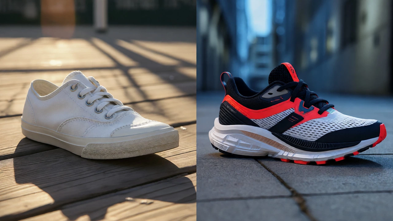 Comparison of vintage tennis shoes and modern running sneakers
