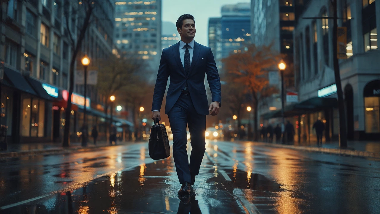 Confident man in a well-tailored navy suit walking on a rainy city street