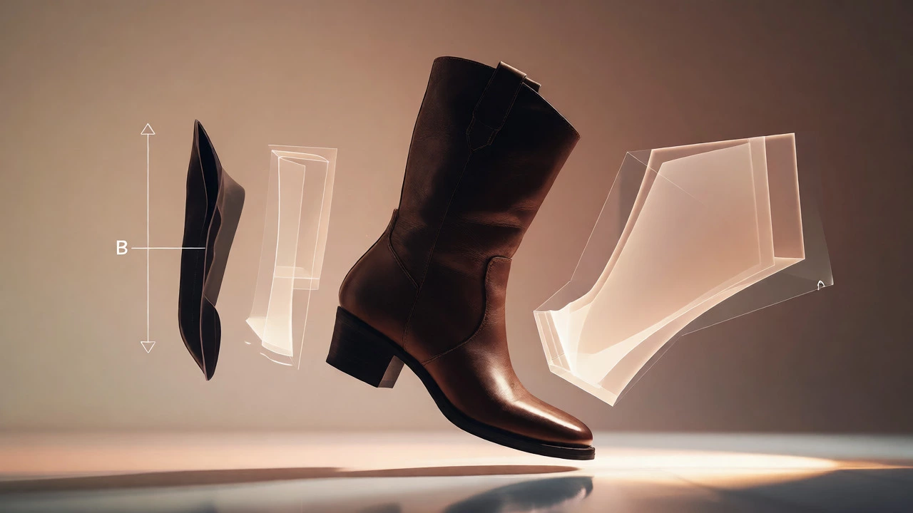 Leather boot surrounded by abstract shapes representing different shoe widths