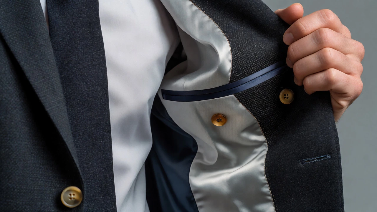 Macro close-up of suit jacket interior showing fabric layers and button details