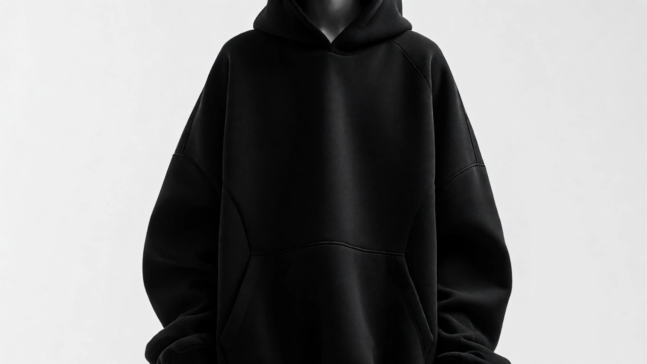 Model wearing an oversized luxury black hoodie in a minimalist studio