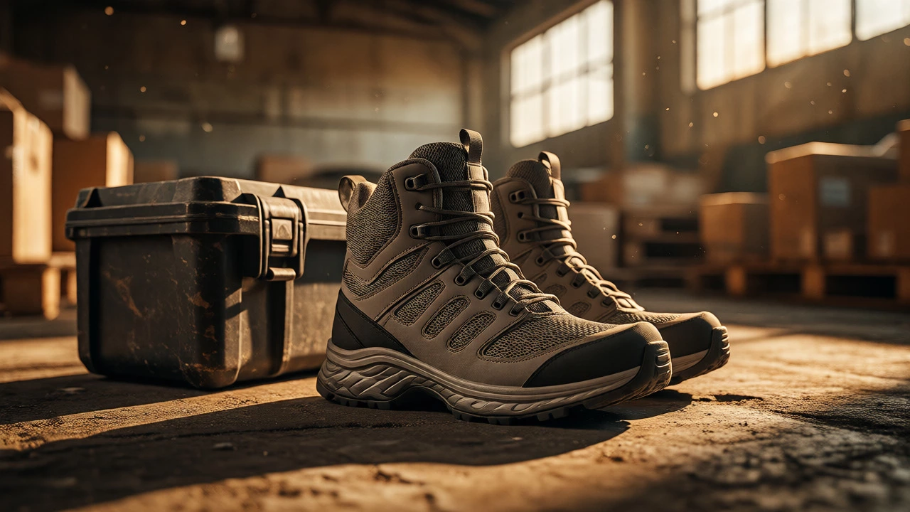 Modern composite-toe work boots placed on a warehouse floor near tools.