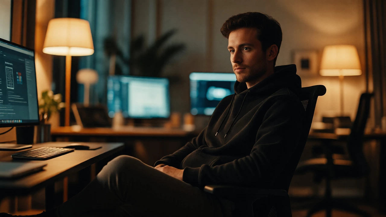 Professional in a black hoodie working in a warmly lit modern office