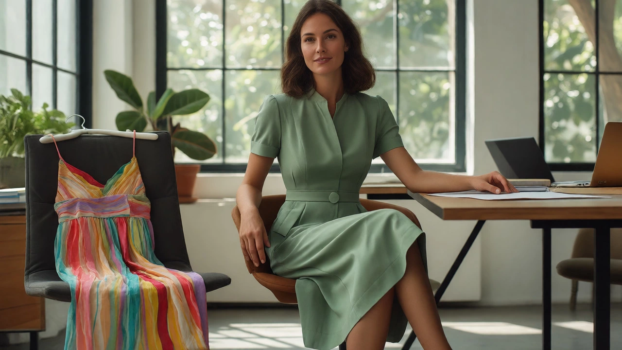 Professional woman in structured summer dress with sundress nearby