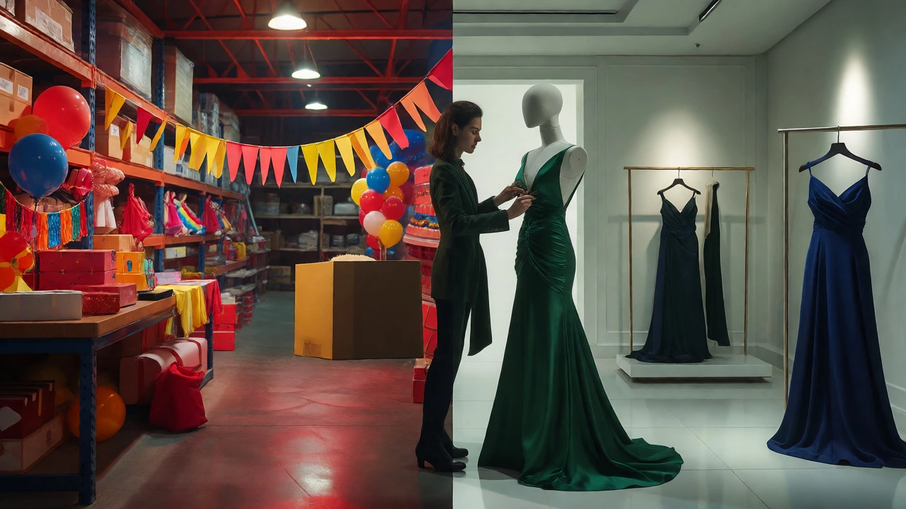 Split scene showing party supply warehouse transitioning into a luxury fashion boutique.