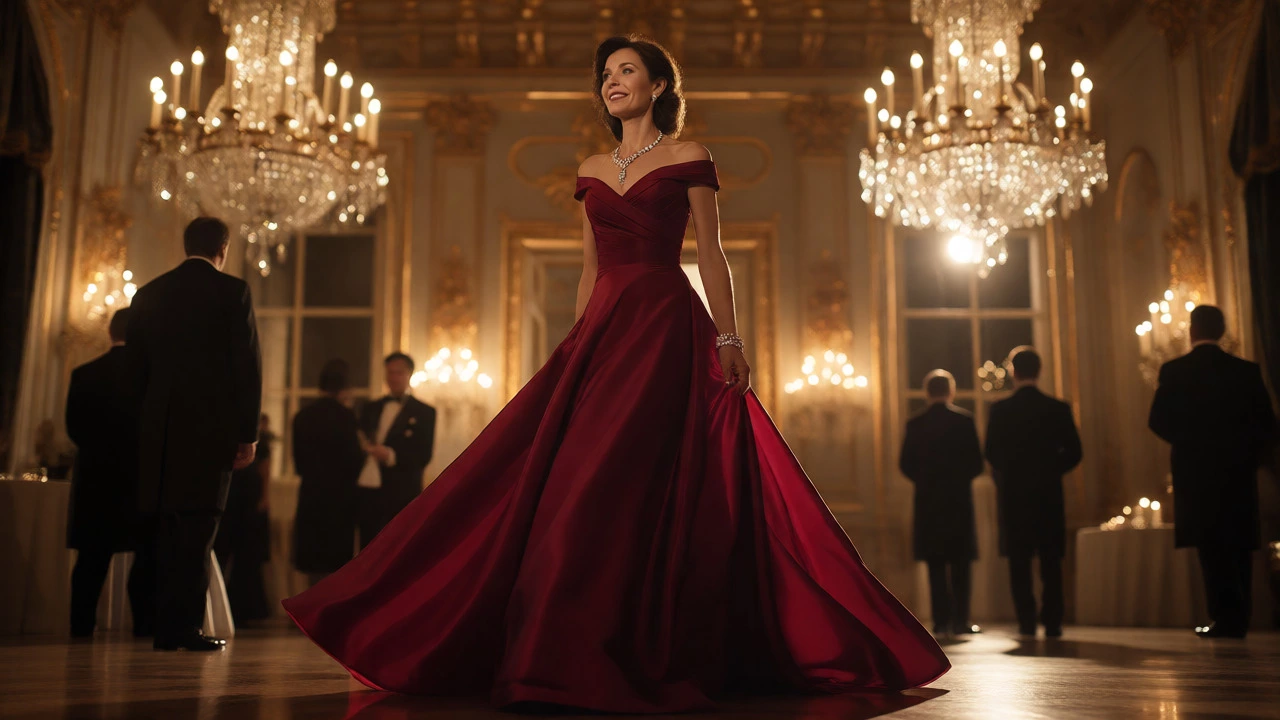 Woman in a burgundy evening gown at a formal banquet, blending elegance with approachability.