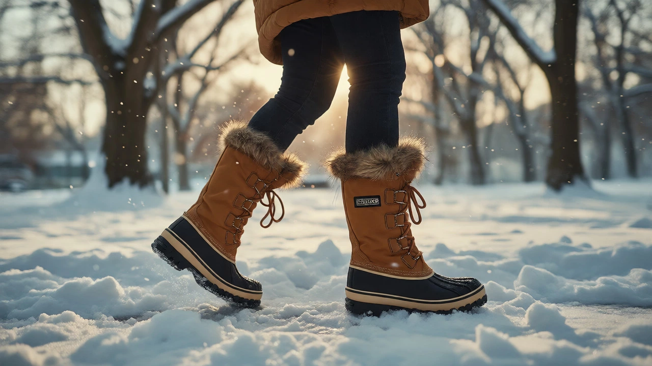 Woman wearing Sorel winter boots walking in light snowfall
